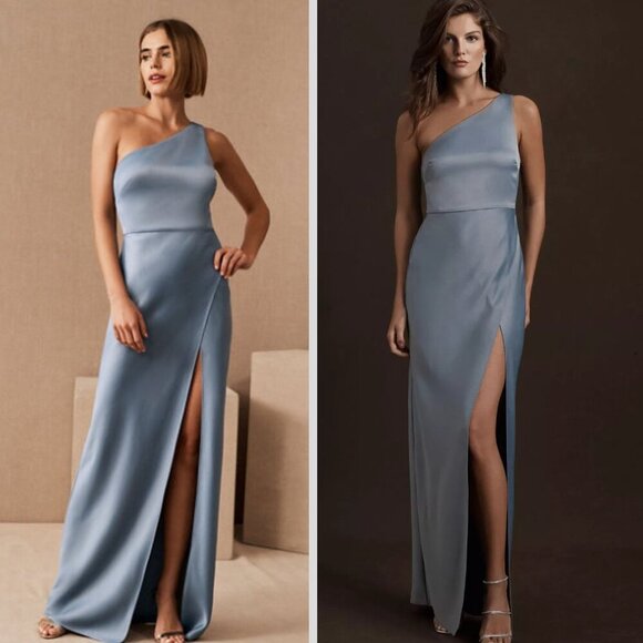 BHLDN Dylan Dusty Blue One-Shoulder Satin Side-Slit Gown 20218 - Picture 2 of 14